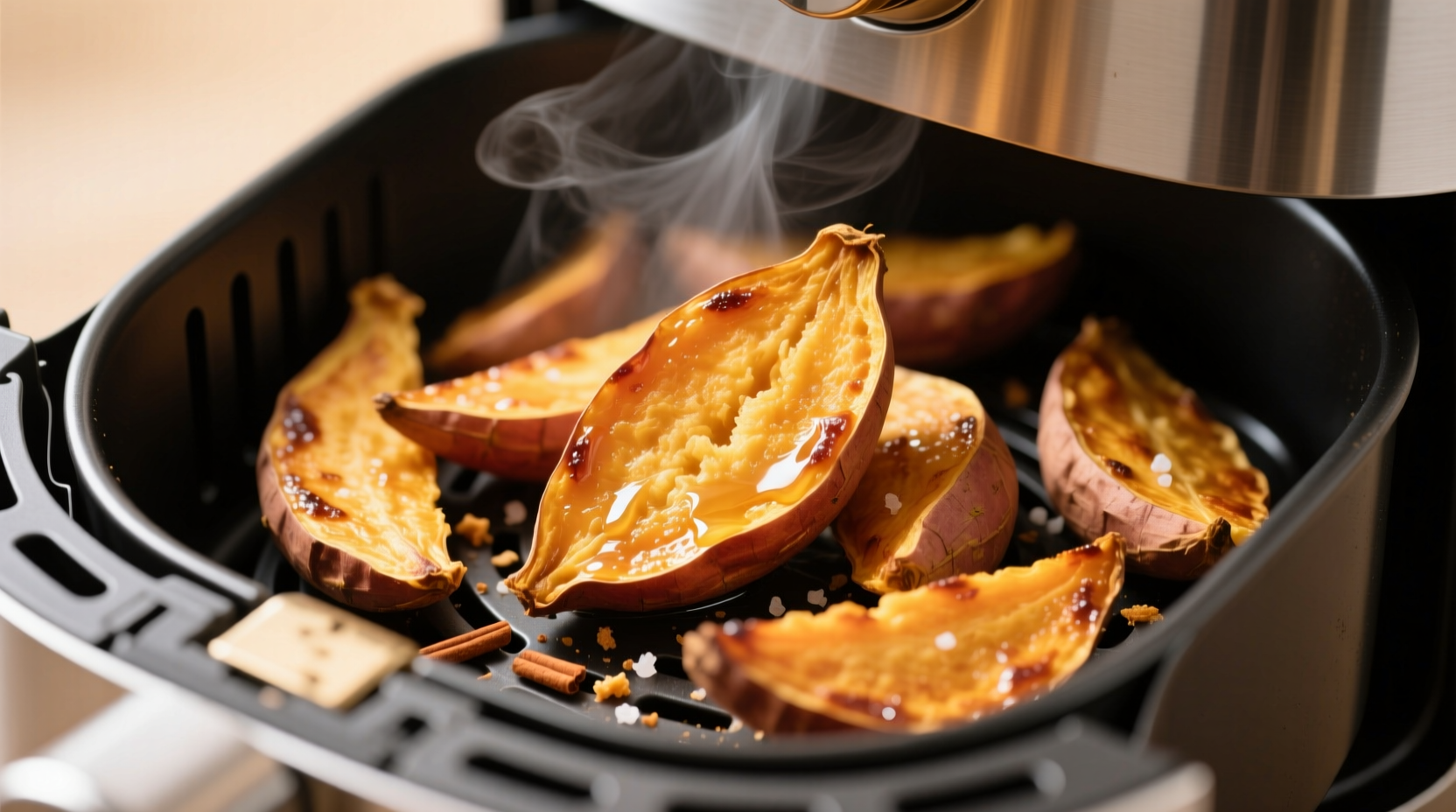 Golden brown sweet potato wedges in air fryer basket