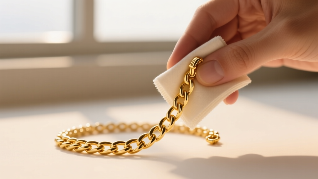 Hand wiping an 18k yellow gold chain necklace with a dry microfiber cloth, highlighting the delicate links and the lobster clasp