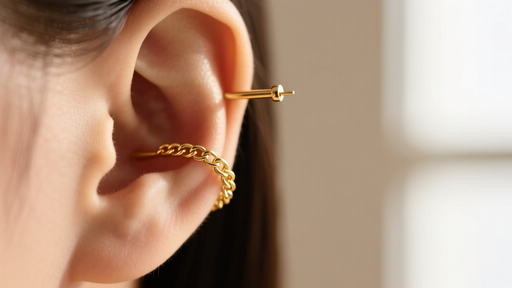 Macro shot of 14k gold earring threader in a lobe piercing, showing fine 0.8mm chain links against a soft beige backdrop