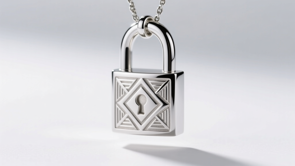 Macro shot of a rhodium-plated 925 sterling silver padlock pendant, showing crisp laser engraving and a high-polish mirror finish.