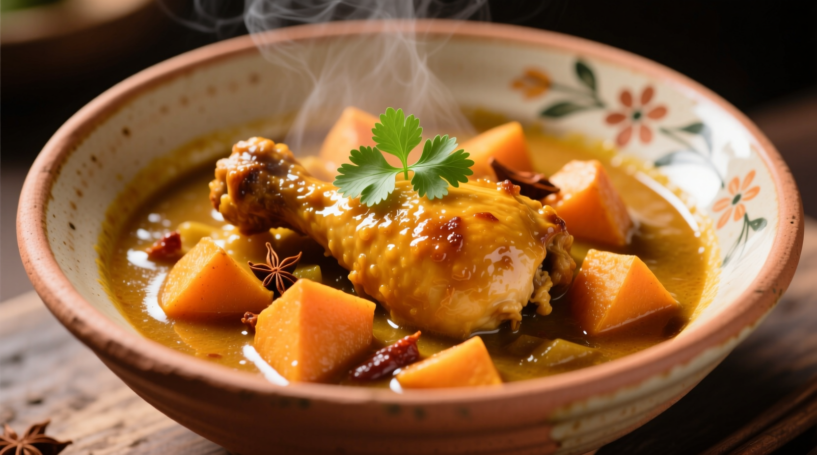 Golden chicken sweet potato curry in ceramic bowl