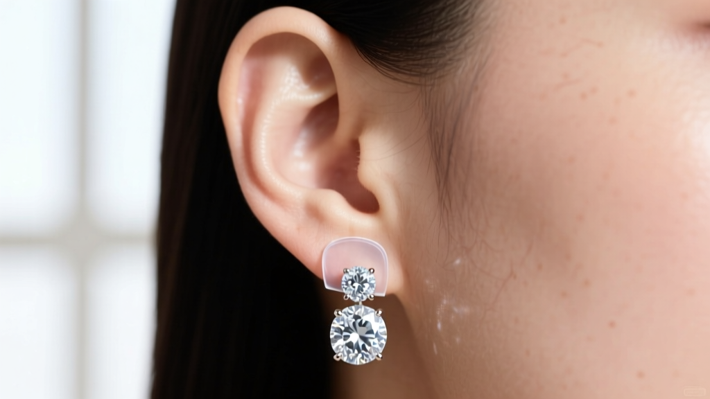 Close-up of an earlobe wearing a clear polymer patch to keep heavy diamond statement earrings from drooping or sagging downward