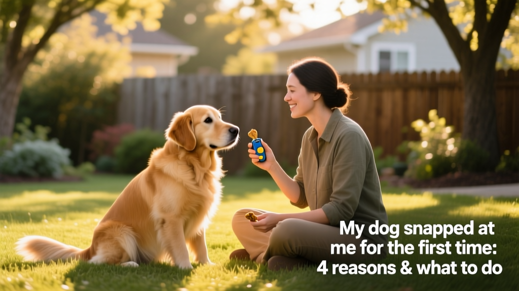Dog and owner sitting side-by-side on grass, engaged in calm, positive training with treats and a clicker, showing relaxed body language and mutual focus