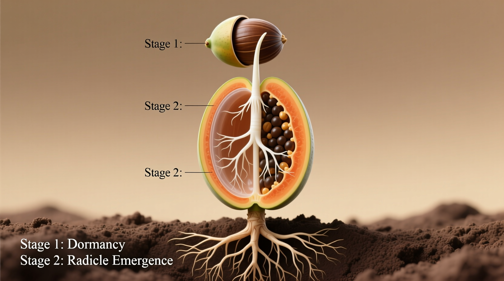 Papaya seed germination stages showing root development