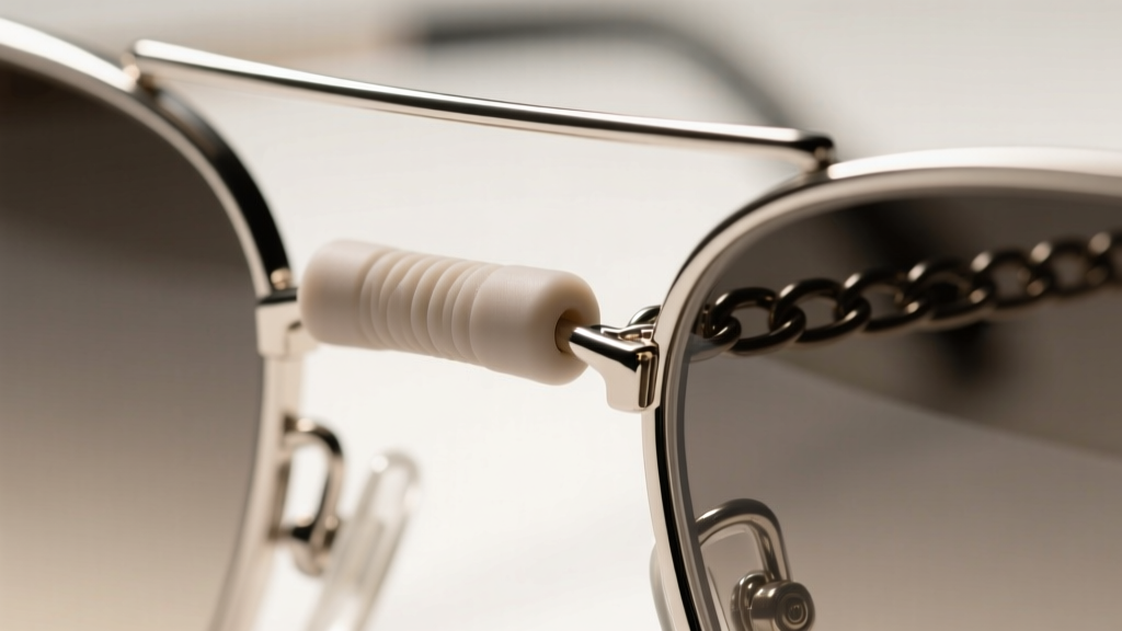 Detailed view of an adjustable silicone end loop on a metal glasses chain, securely gripping the temple of wire-frame sunglasses.