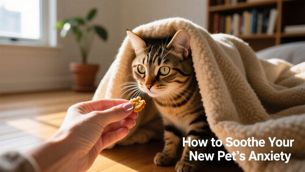 A calm, gentle hand offering a treat to a shy cat peeking from under a blanket