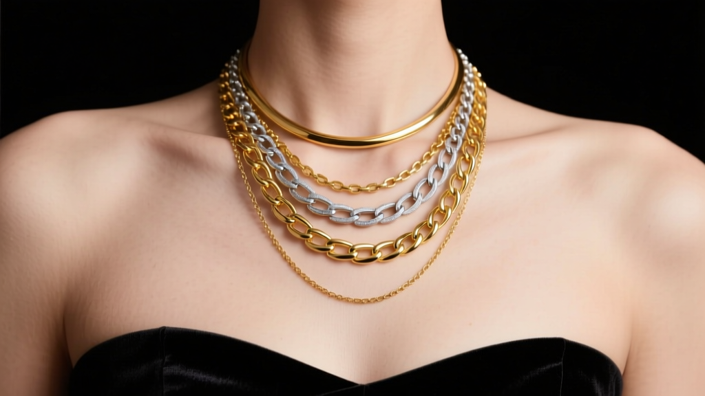 Close-up of bare collarbones wearing layered 18k yellow gold and platinum necklaces against a black velvet strapless bodice.