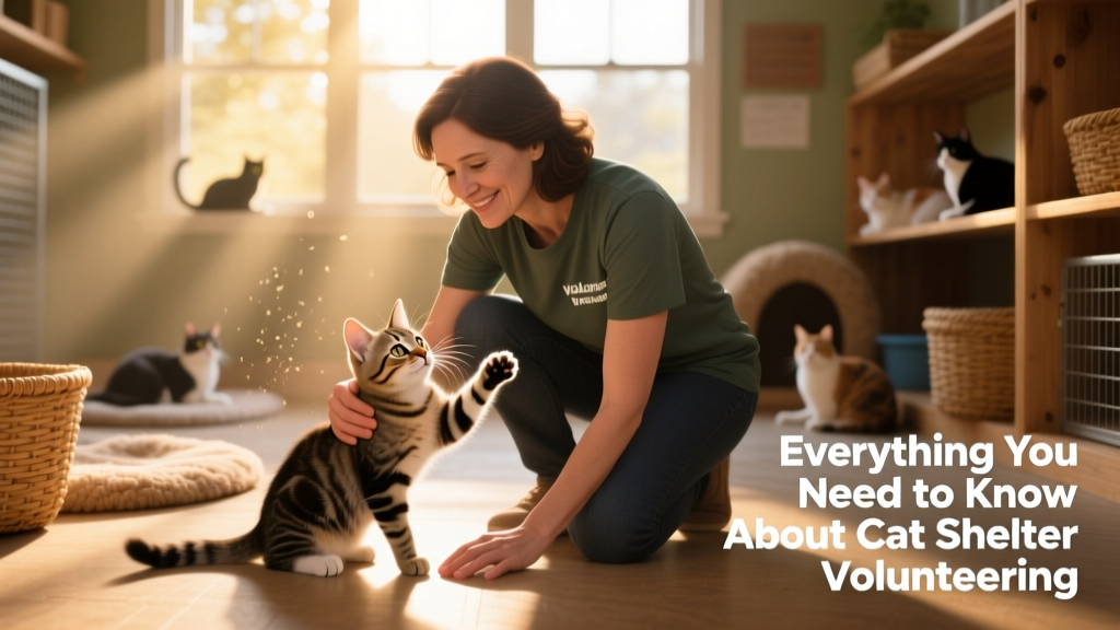 Volunteer gently playing with a curious kitten in a sunlit shelter playroom