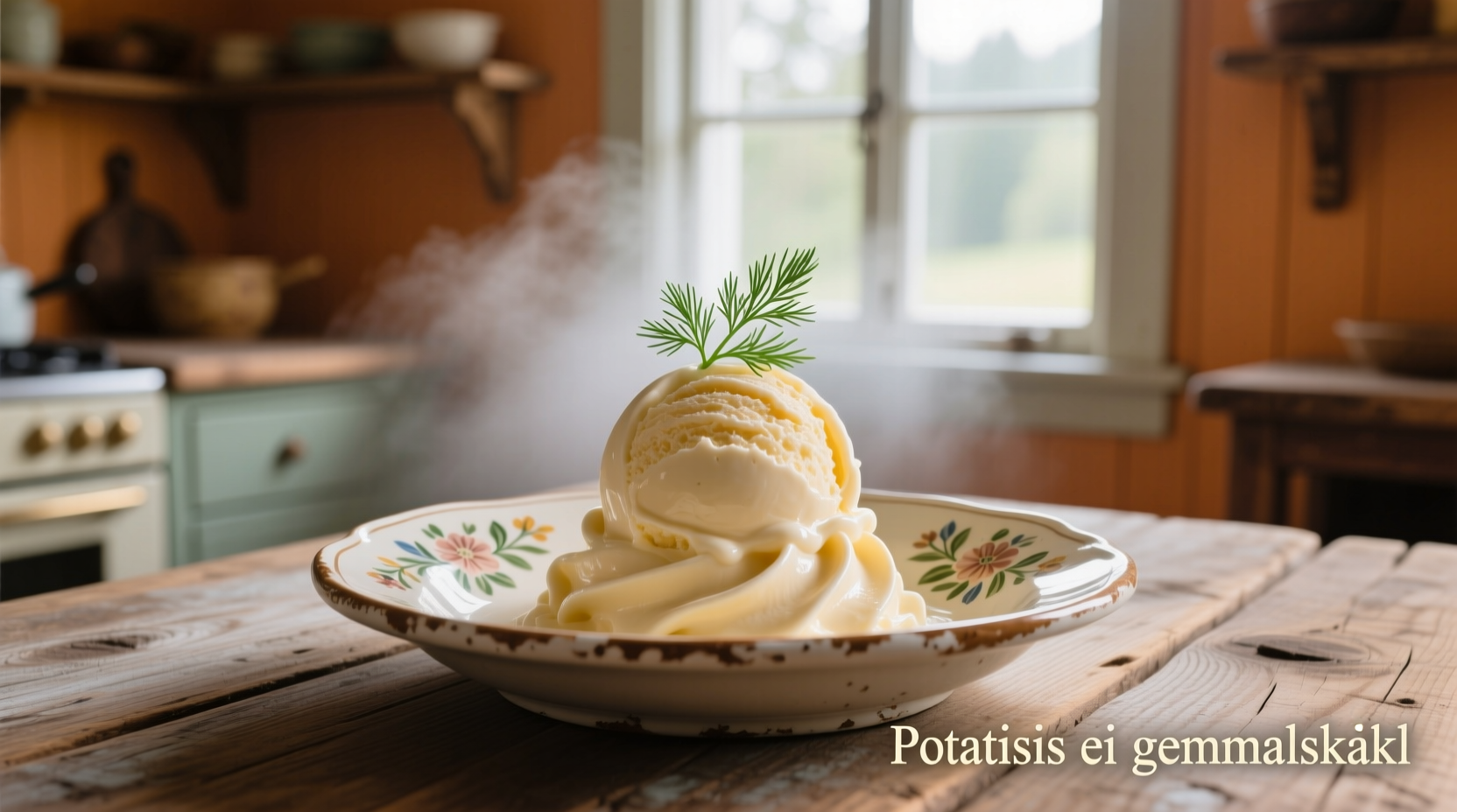 Traditional Swedish potato ice cream served in vintage dish