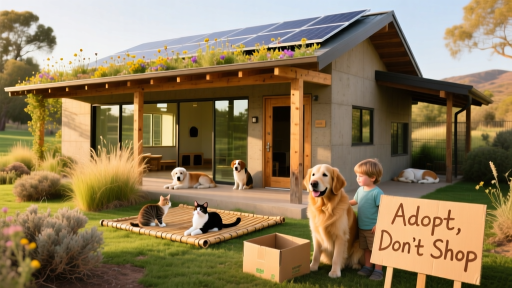 Modern, sunlit animal shelter with solar panels on the roof and native plants surrounding the building