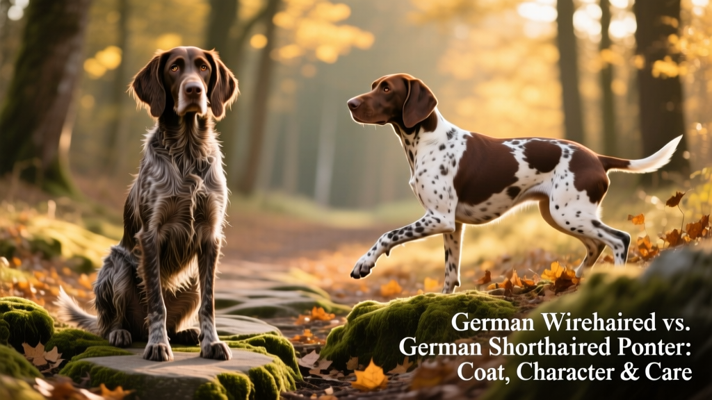 Side-by-side comparison showing a German Wirehaired Pointer with a dense, wiry coat and a German Shorthaired Pointer with a sleek, short coat