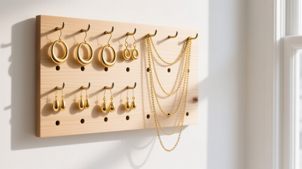 IKEA SKADIS wood pegboard on a white wall displaying delicate gold hoop earrings and layered chains on small metal hooks.