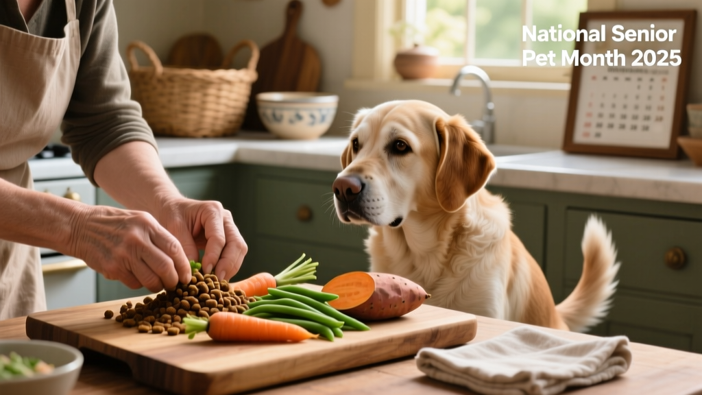 Two hands preparing a nutritious meal for an older dog using high-quality kibble and fresh vegetables