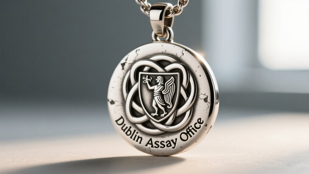 Macro shot of Dublin Assay Office hallmark stamped on sterling silver Celtic knot pendant back, showing crisp Hibernia details.