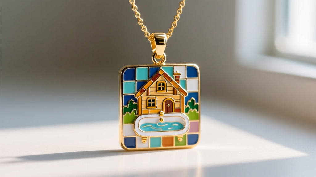 Close-up of a handmade enamel pendant featuring the Stardew Valley bath house mosaic tile pattern on a delicate gold chain.