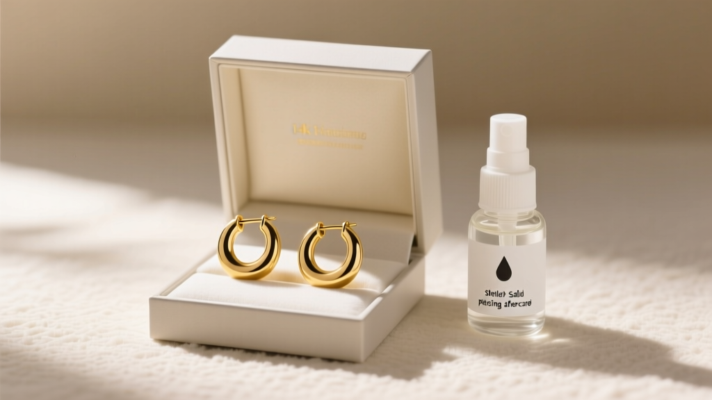 Open box showing solid 14k yellow gold seamless hoop earrings beside a small bottle of sterile saline piercing aftercare spray
