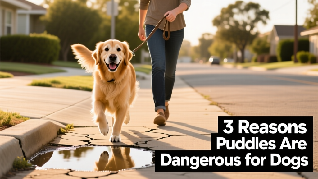 Happy dog walking confidently beside owner on a dry, sunny path—avoiding puddles on the sidewalk