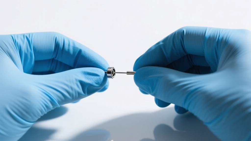 Close-up of hands wearing blue nitrile gloves gripping a threadless titanium earring post to demonstrate safe removal technique