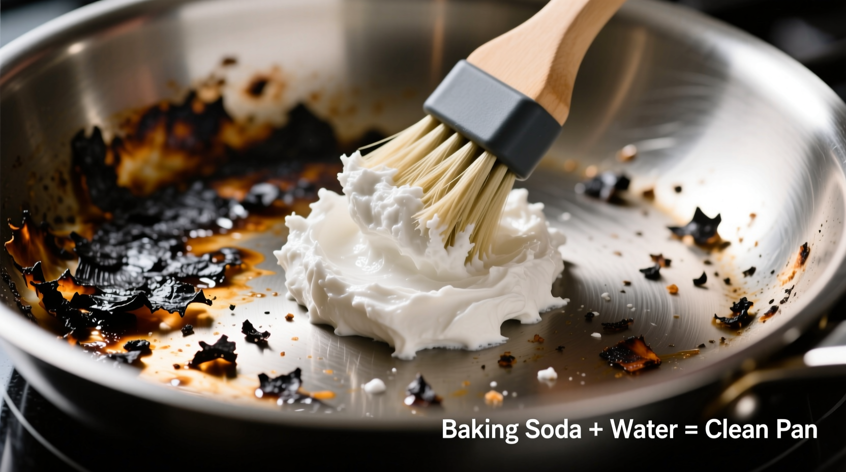 Baking soda paste removing burnt food from stainless steel pan