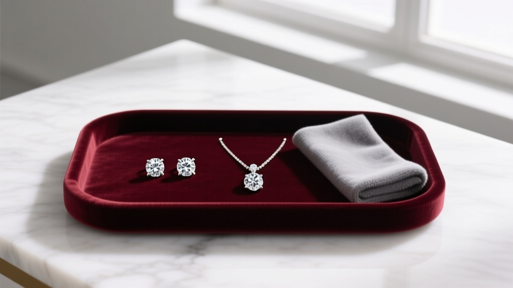 Overhead view of a velvet tray holding diamond stud earrings and pendants arranged beside a gray microfiber polishing cloth.