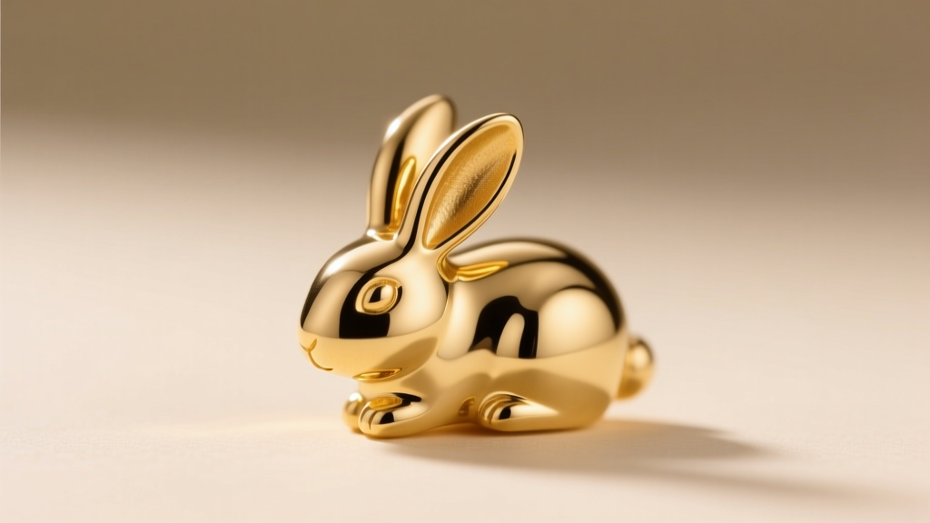 Side profile of an 18k gold rabbit charm showing soft rounded ear tips, lit by warm studio lighting against a cream background.