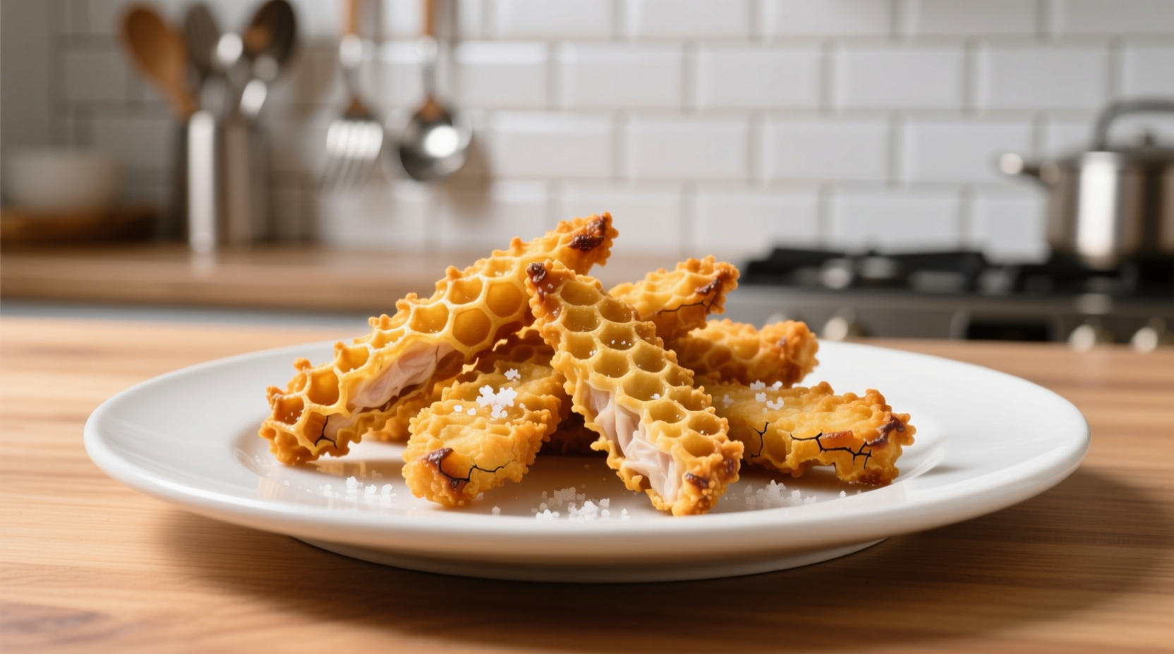 Crispy golden air fried chicken strips on white plate