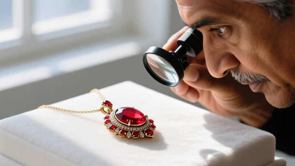 Jeweler inspecting the foil backing of antique red kemp stones on a Lakshmi pendant using a 10x loupe under bright daylight.