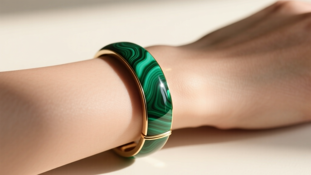 Close-up of a wrist wearing a malachite stone jewelry bracelet, shot in soft sunlight to highlight the vibrant green banding patterns.
