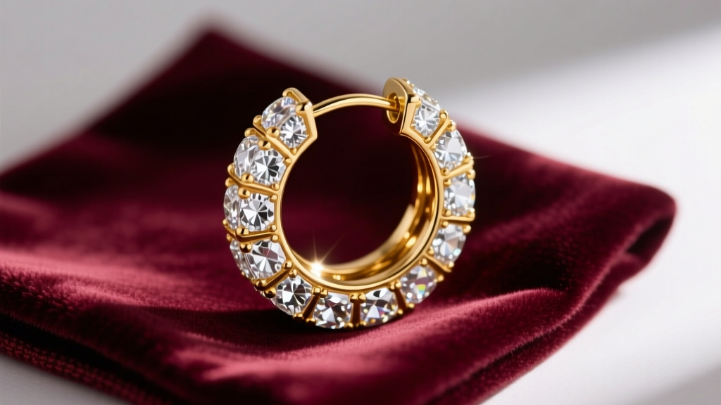 Close-up of a gold-plated Juicy Couture hoop earring with pavé cubic zirconia stones resting on a soft velvet cleaning cloth.