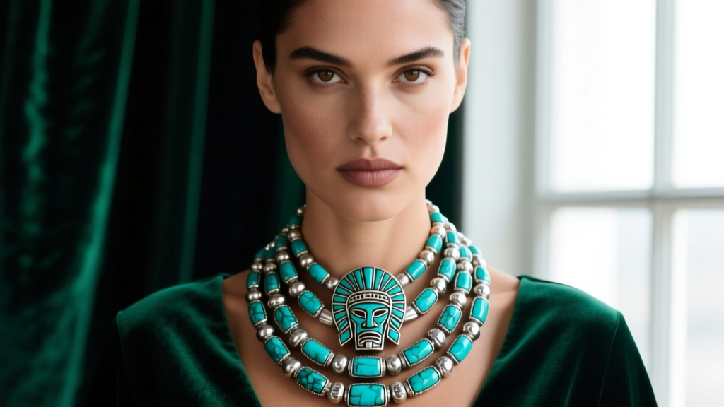Close-up of a woman wearing a heavy multi-strand turquoise and sterling silver tribal chief necklace against dark emerald velvet.