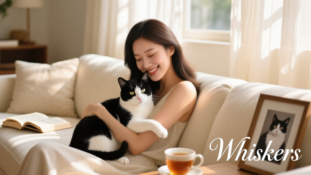A woman gently hugging her calm black-and-white cat on a cozy couch