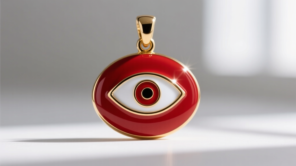 Macro photography of a red enamel evil eye charm with a 14k gold bezel, showing glossy finish and crisp white inner eye circle.