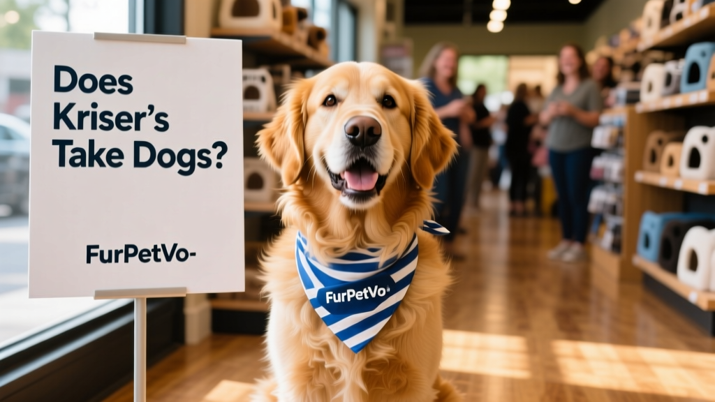 Close-up of a happy dog wearing a FurPetVo-branded bandana, sitting beside adoption signage at an in-store event