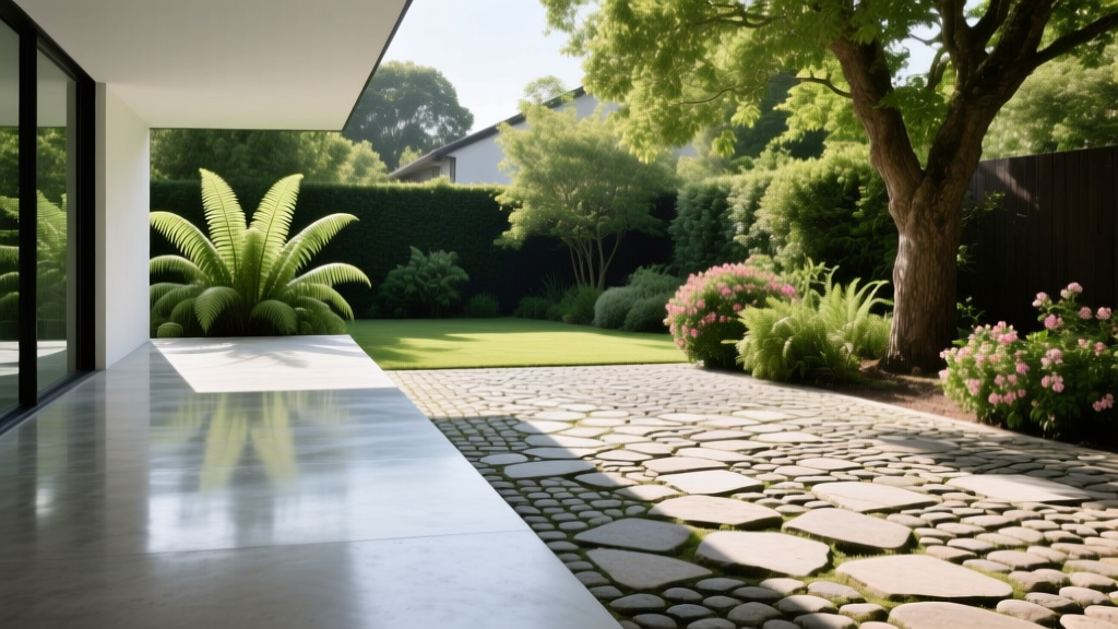 Modern poured concrete patio with sleek lines adjacent to a classic cobblestone interlocking paver courtyard in a lush backyard setting
