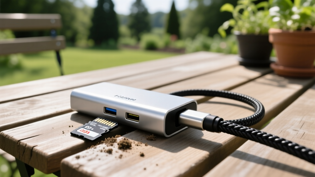 Silver USB-C hub on an outdoor wooden desk with an SD card from a garden drone and a smart irrigation cable plugged into its ports