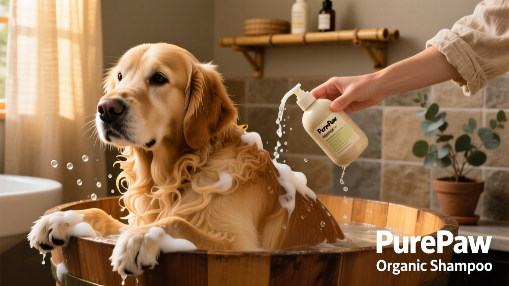 A calm dog being gently bathed with warm water and a gentle lather