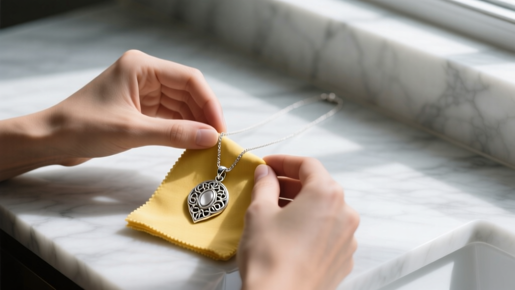 Hands gently polishing a delicate sterling silver pendant necklace with a yellow treated jeweler cloth on a marble vanity surface.