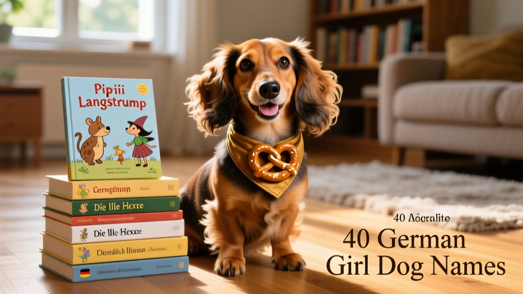 A smiling dachshund wearing a tiny pretzel-shaped bandana, sitting beside a stack of German-language children's books