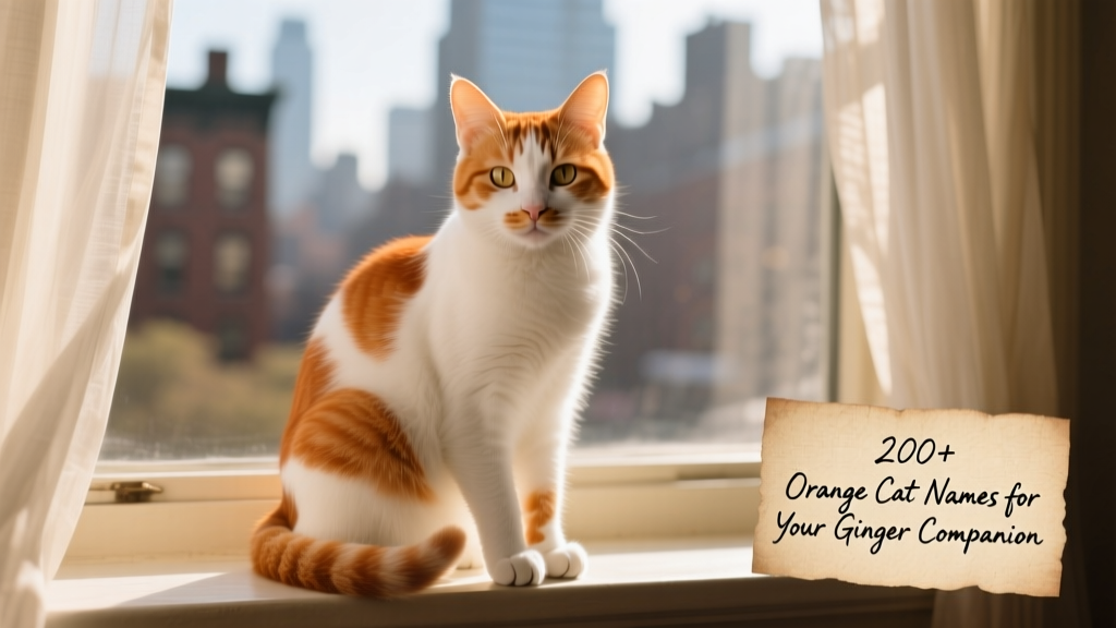 A white-and-orange bicolor cat sitting regally on a windowsill, sunlight highlighting its patchwork fur