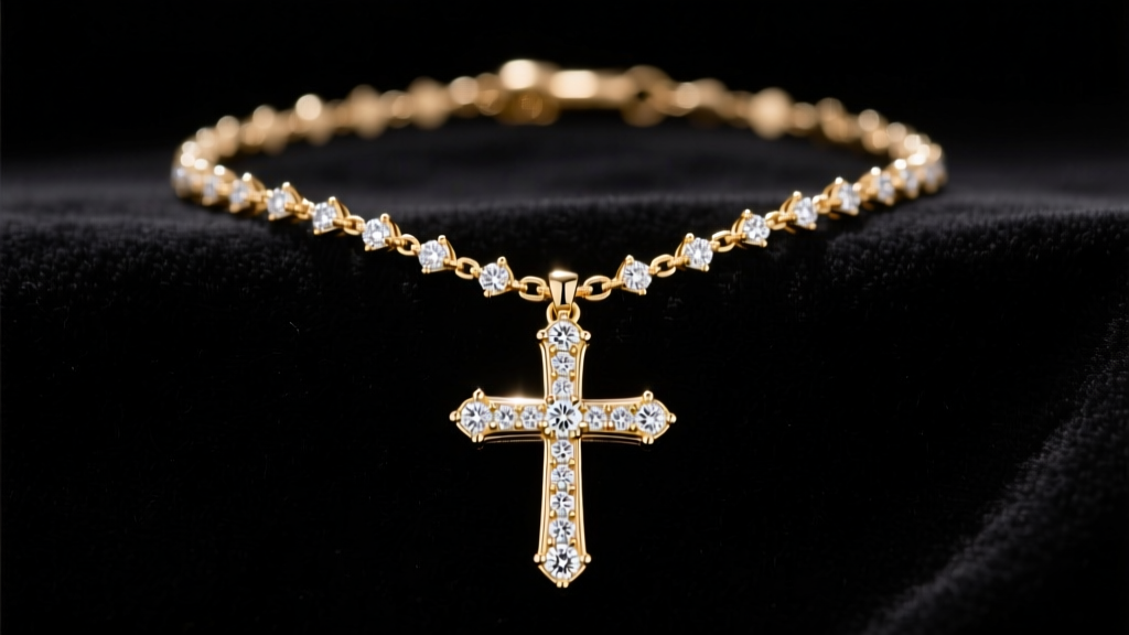 14k gold diamond rosary necklace on black velvet, displaying bezel-set melee stations and a cross pendant under soft light.