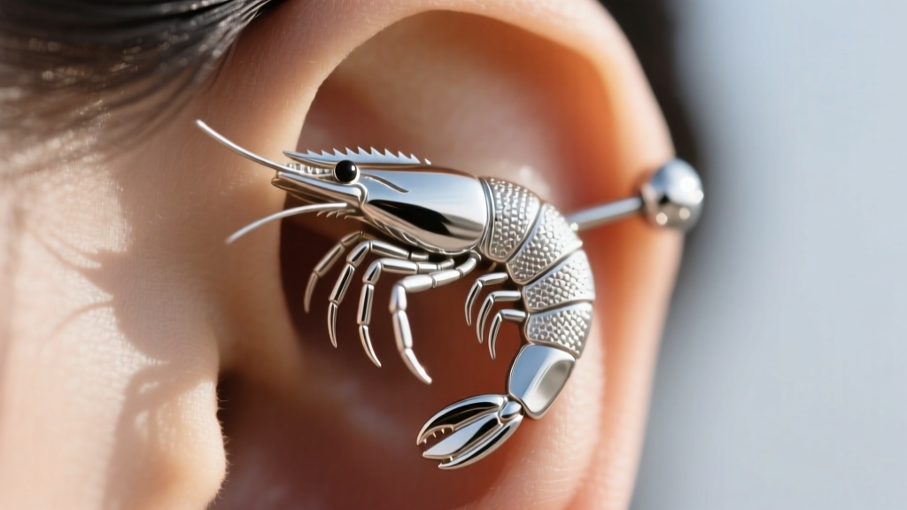 Close-up of a silver shrimp stud on an upper helix piercing, highlighting detailed crustacean texture and bright metallic shine