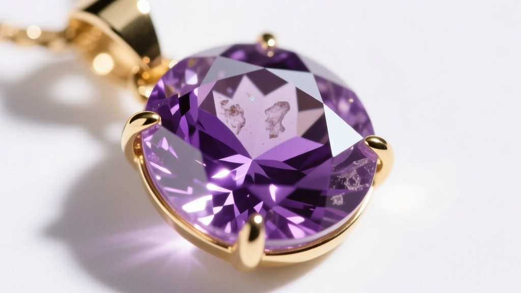 Close-up of a faceted amethyst pendant in a bezel setting, highlighting color zoning and light reflection under a loupe