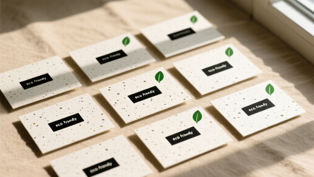 Speckled off-white eco-friendly seed paper necklace display cards featuring minimalist black text and a small green leaf icon.