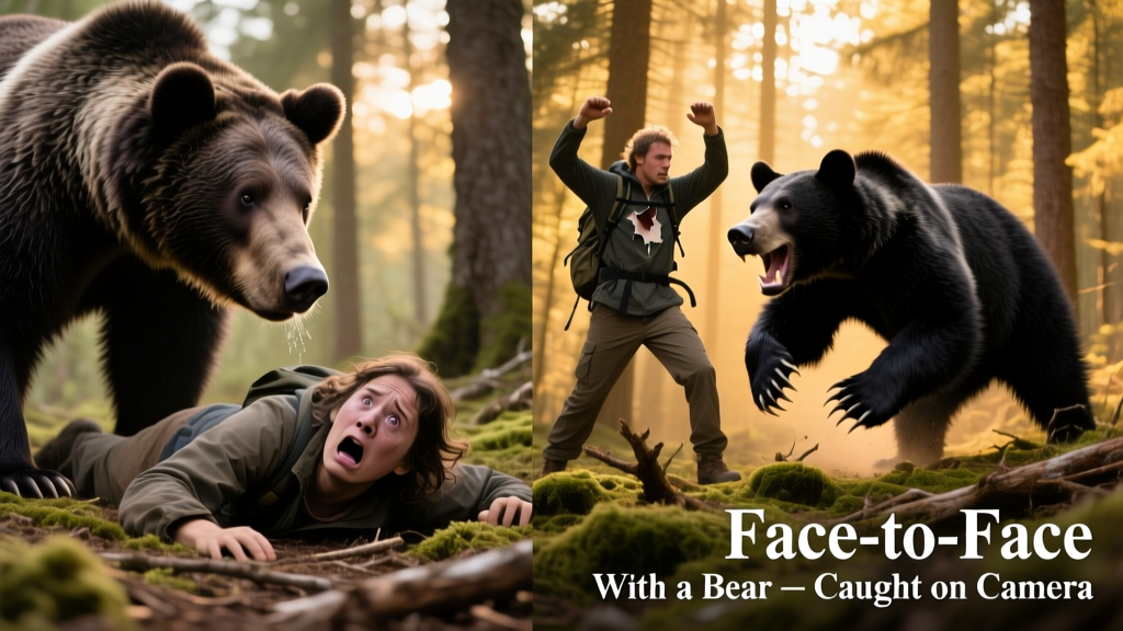 Illustration showing side-by-side comparison: person lying prone for grizzly bear, person actively defending against black bear