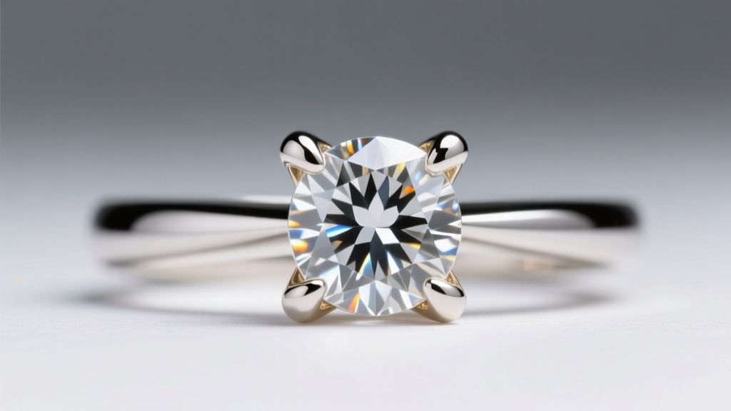 Macro shot of a 14k white gold four-prong cathedral ring setting holding a round diamond, highlighting the polished rhodium finish