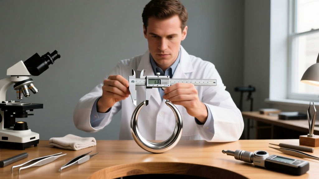 Jeweler using calipers to measure the 16-gauge thickness of a large earring wire hoop, with metallurgical tools on the workbench.