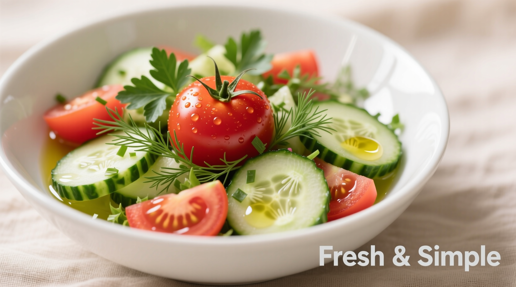 Fresh cucumber tomato salad in white bowl with herbs
