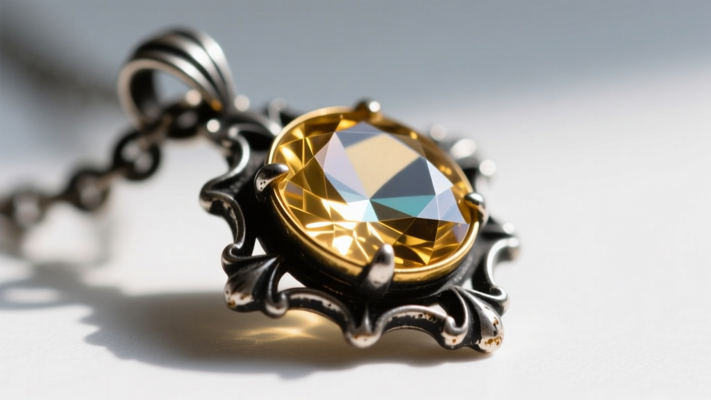 Close-up of an antique paste pendant, showing foil-backed glass and blackened silver prongs typical of 19th-century French jewelry