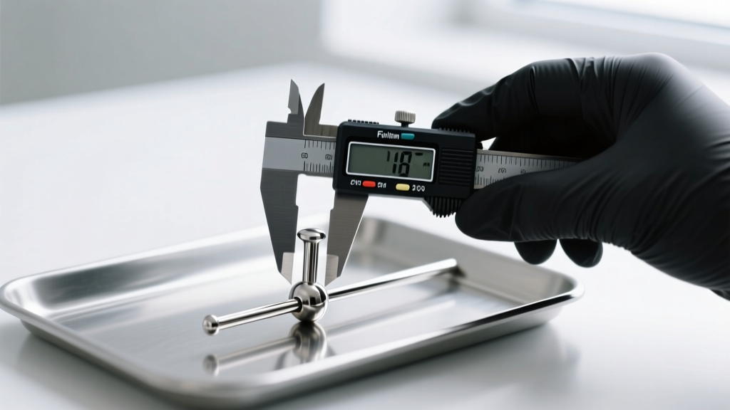 Piercer in black nitrile gloves using digital calipers to measure a polished titanium straight barbell on a sterile medical tray