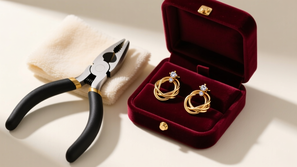 Nylon-jaw pliers and a polishing cloth next to gold-filled wire wrap earrings stored safely in a velvet-lined jewelry box.